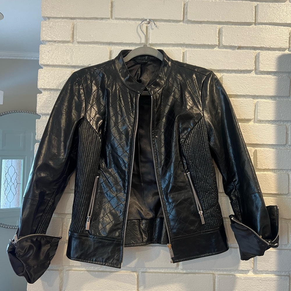 Black Quilted Laquered Leather Moto Jacket size small